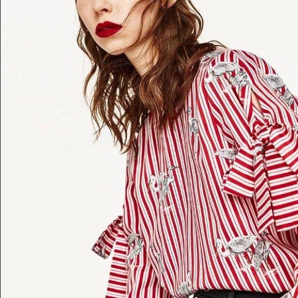 Zara Red Striped Bird Printed Bow Sleeve Blouse